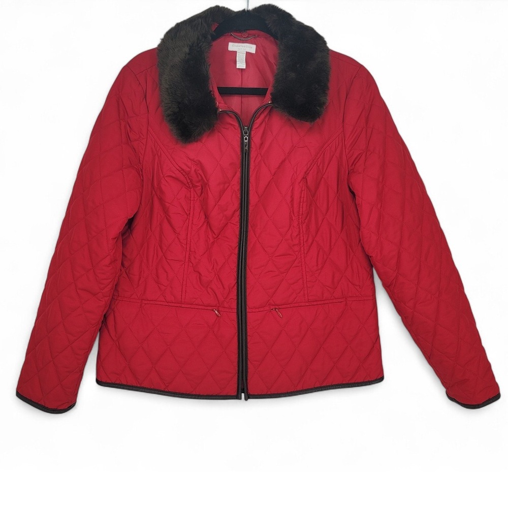 Charter Club Red Quilted Jacket Faux Fur Collar Petite Medium Zip‎ Front E